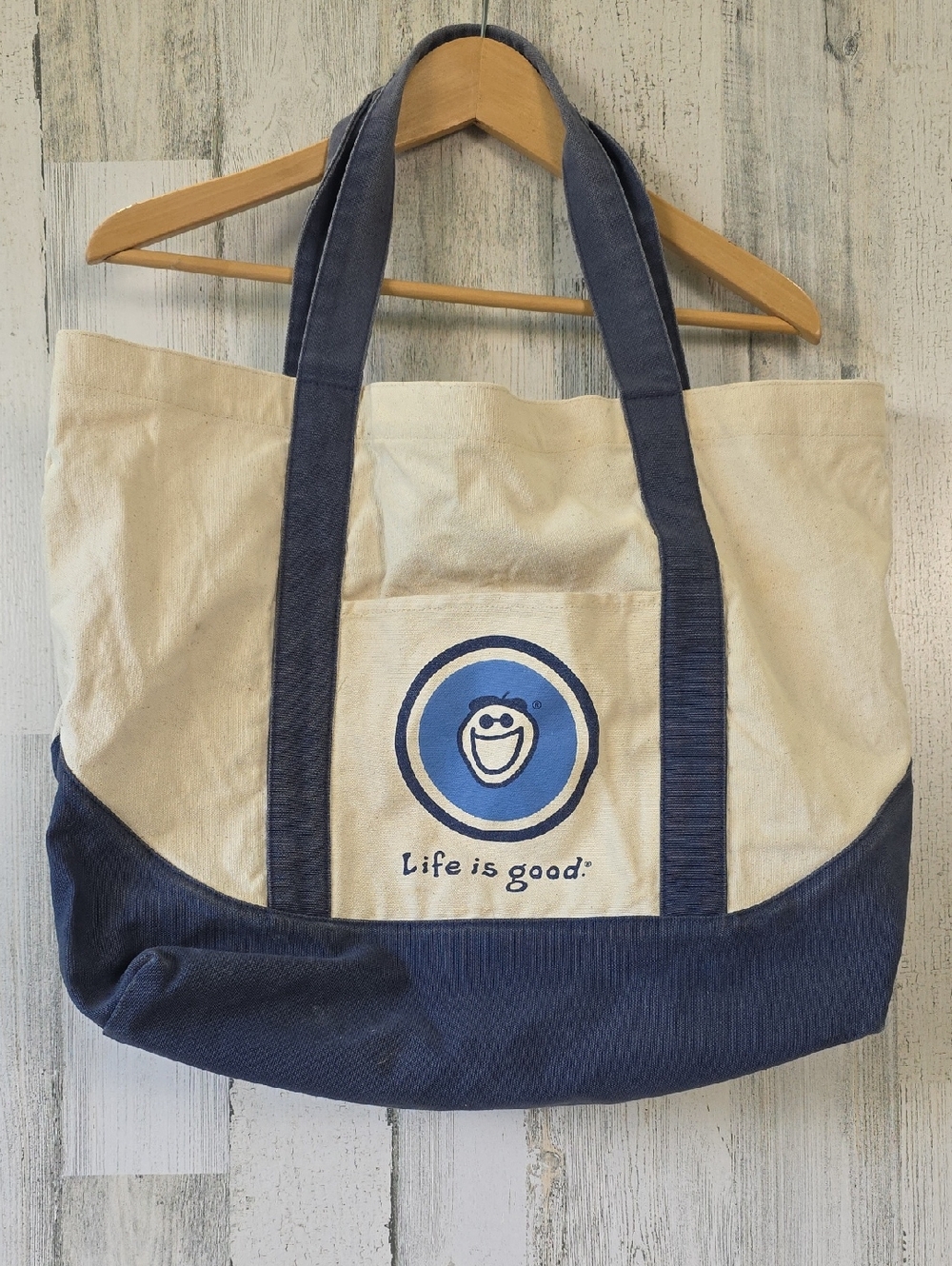 Life Is Good Cream and Navy Canvas Tote with Smiley Logo 14.5" x 16" x 5.5"